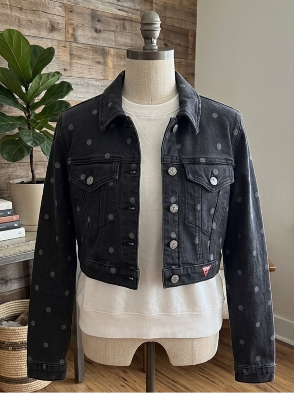 GUESS Women’s Black Polka Dot Denim Jacket